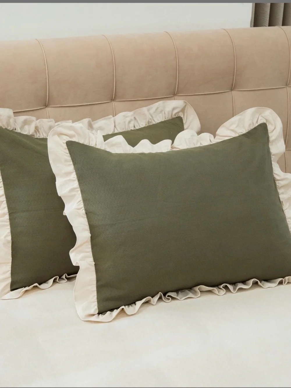 Olive Green Ruffled Pillow Shams with Cream Trim